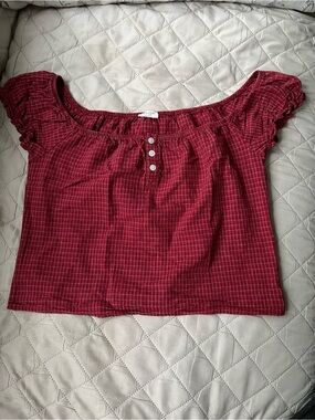 Brandy Melville Burgundy Checked Off-Shoulder Crop Top